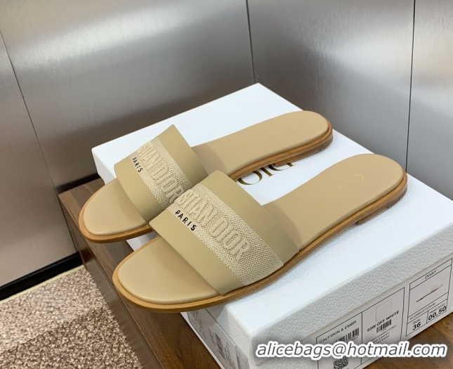 Best Grade Dior Dway Flat Slides Sandal in Calfskin and Embroidered Cotton Beige 0425106