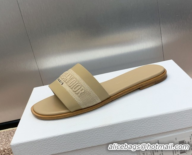 Best Grade Dior Dway Flat Slides Sandal in Calfskin and Embroidered Cotton Beige 0425106