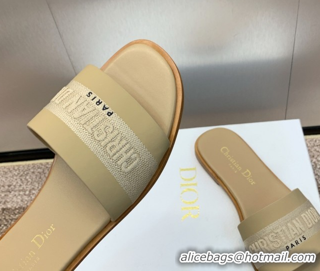 Best Grade Dior Dway Flat Slides Sandal in Calfskin and Embroidered Cotton Beige 0425106