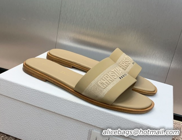 Best Grade Dior Dway Flat Slides Sandal in Calfskin and Embroidered Cotton Beige 0425106