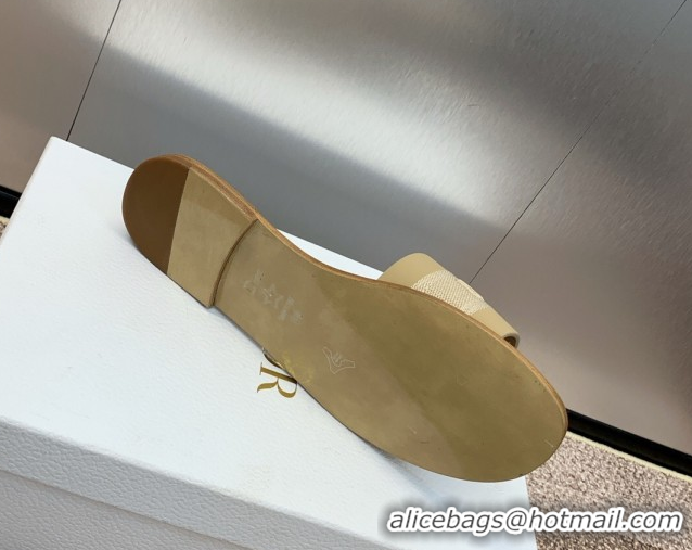 Best Grade Dior Dway Flat Slides Sandal in Calfskin and Embroidered Cotton Beige 0425106