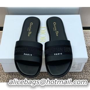 Low Cost Dior Dway Flat Slides Sandal in Calfskin and Embroidered Cotton Black 0425108