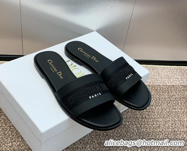 Low Cost Dior Dway Flat Slides Sandal in Calfskin and Embroidered Cotton Black 0425108