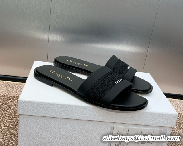 Low Cost Dior Dway Flat Slides Sandal in Calfskin and Embroidered Cotton Black 0425108