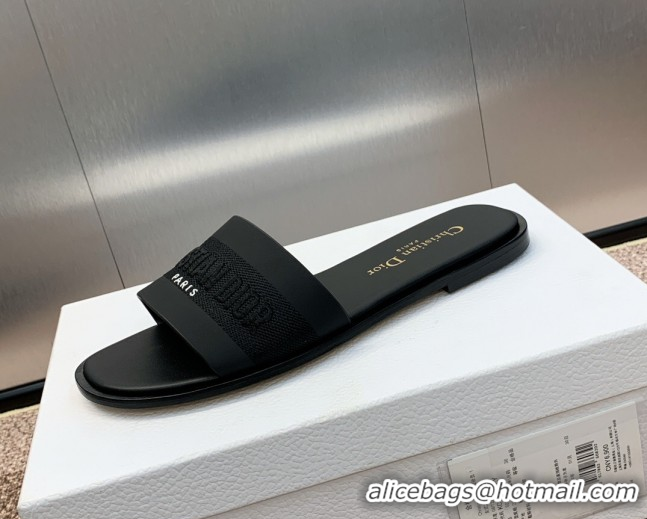 Low Cost Dior Dway Flat Slides Sandal in Calfskin and Embroidered Cotton Black 0425108