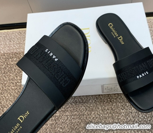 Low Cost Dior Dway Flat Slides Sandal in Calfskin and Embroidered Cotton Black 0425108