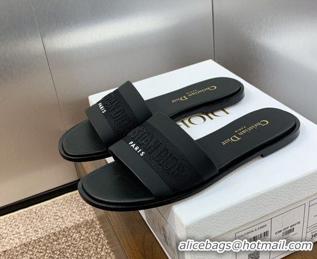 Low Cost Dior Dway Flat Slides Sandal in Calfskin and Embroidered Cotton Black 0425108