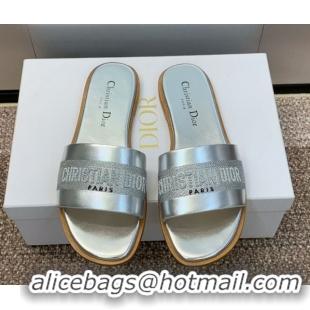 Top Grade Dior Dway Flat Slides Sandal in Calfskin and Embroidered Cotton Silver 0425110