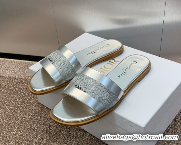 Top Grade Dior Dway Flat Slides Sandal in Calfskin and Embroidered Cotton Silver 0425110