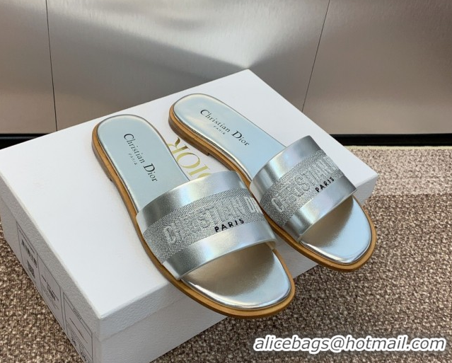 Top Grade Dior Dway Flat Slides Sandal in Calfskin and Embroidered Cotton Silver 0425110