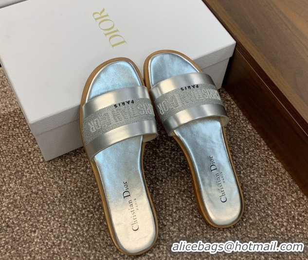 Top Grade Dior Dway Flat Slides Sandal in Calfskin and Embroidered Cotton Silver 0425110