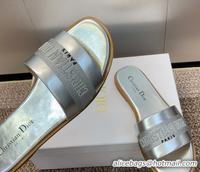 Top Grade Dior Dway Flat Slides Sandal in Calfskin and Embroidered Cotton Silver 0425110