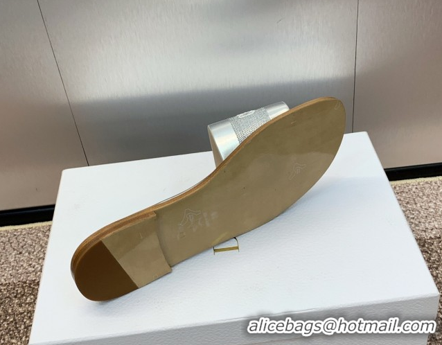 Top Grade Dior Dway Flat Slides Sandal in Calfskin and Embroidered Cotton Silver 0425110