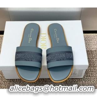 Unique Style Dior Dway Flat Slides Sandal in Calfskin and Embroidered Cotton Blue 0425112
