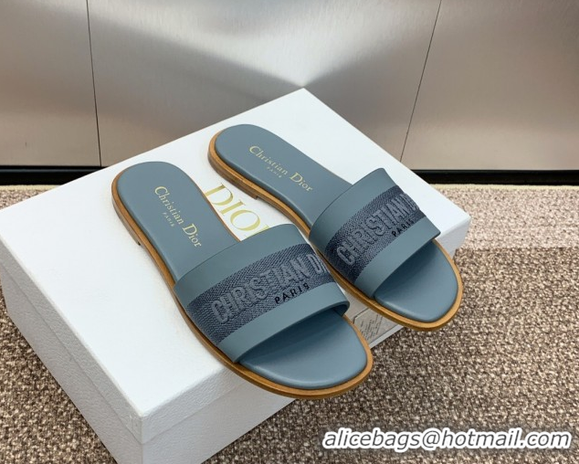 Unique Style Dior Dway Flat Slides Sandal in Calfskin and Embroidered Cotton Blue 0425112