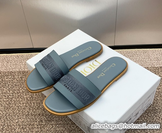 Unique Style Dior Dway Flat Slides Sandal in Calfskin and Embroidered Cotton Blue 0425112