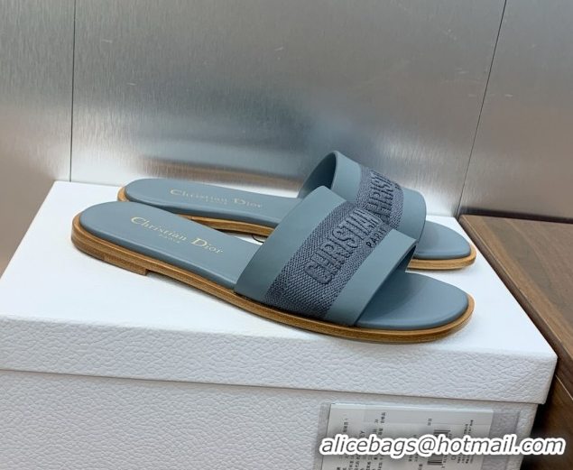 Unique Style Dior Dway Flat Slides Sandal in Calfskin and Embroidered Cotton Blue 0425112