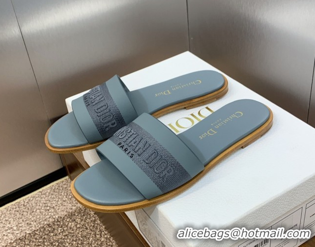 Unique Style Dior Dway Flat Slides Sandal in Calfskin and Embroidered Cotton Blue 0425112