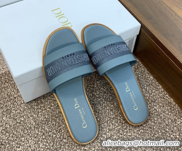 Unique Style Dior Dway Flat Slides Sandal in Calfskin and Embroidered Cotton Blue 0425112