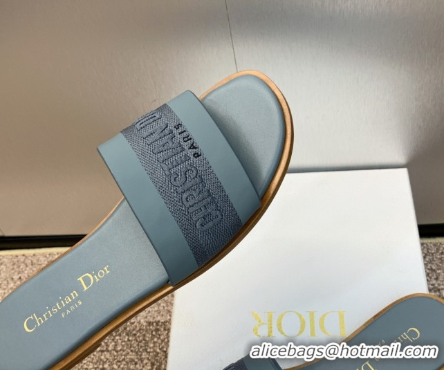 Unique Style Dior Dway Flat Slides Sandal in Calfskin and Embroidered Cotton Blue 0425112