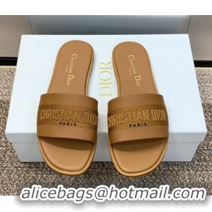 Low Price Dior Dway Flat Slides Sandal in Calfskin and Embroidered Cotton Brown 0425114