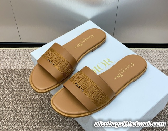 Low Price Dior Dway Flat Slides Sandal in Calfskin and Embroidered Cotton Brown 0425114