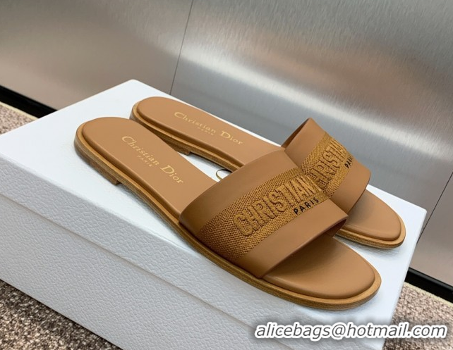 Low Price Dior Dway Flat Slides Sandal in Calfskin and Embroidered Cotton Brown 0425114