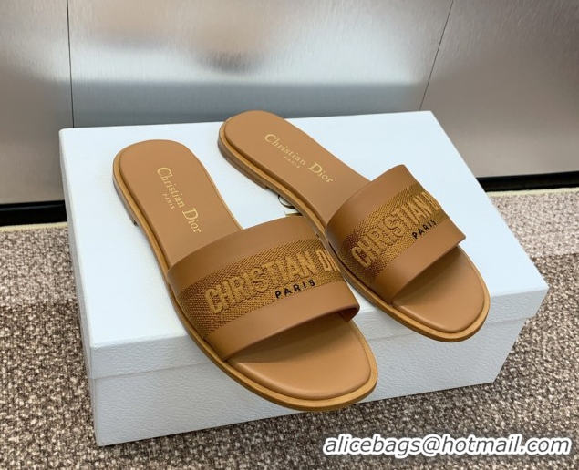 Low Price Dior Dway Flat Slides Sandal in Calfskin and Embroidered Cotton Brown 0425114