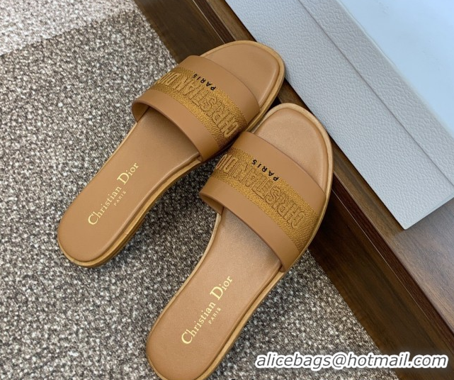 Low Price Dior Dway Flat Slides Sandal in Calfskin and Embroidered Cotton Brown 0425114