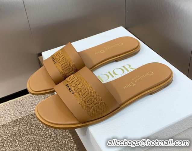 Low Price Dior Dway Flat Slides Sandal in Calfskin and Embroidered Cotton Brown 0425114