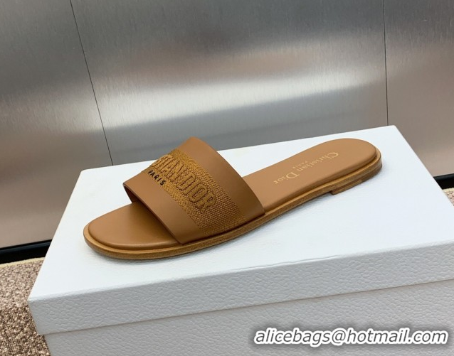 Low Price Dior Dway Flat Slides Sandal in Calfskin and Embroidered Cotton Brown 0425114