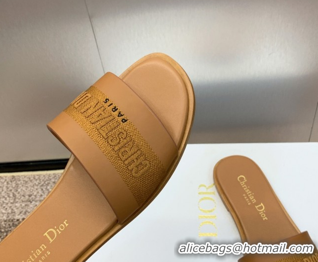 Low Price Dior Dway Flat Slides Sandal in Calfskin and Embroidered Cotton Brown 0425114