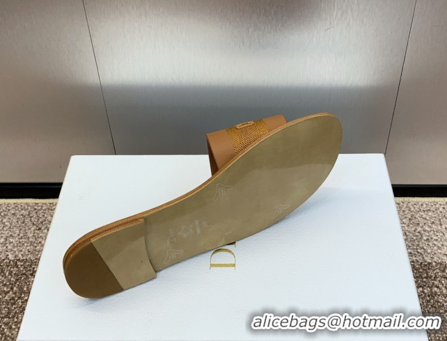 Low Price Dior Dway Flat Slides Sandal in Calfskin and Embroidered Cotton Brown 0425114