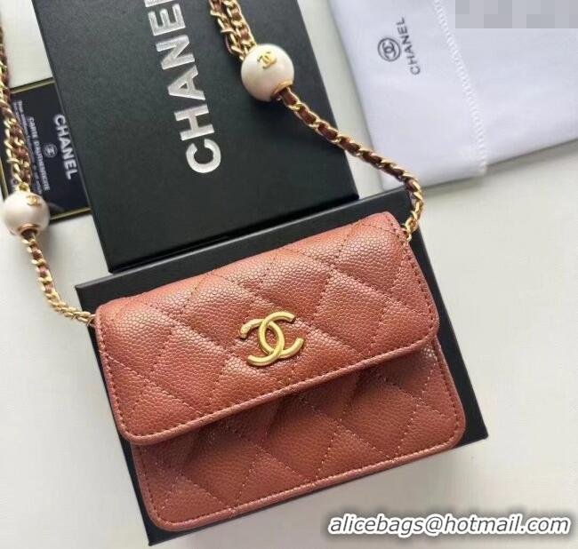 Famous Brand Chanel Grained Calfskin Clutch with Chain and Pearls 0618 Brown 2025