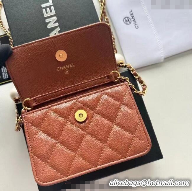 Famous Brand Chanel Grained Calfskin Clutch with Chain and Pearls 0618 Brown 2025