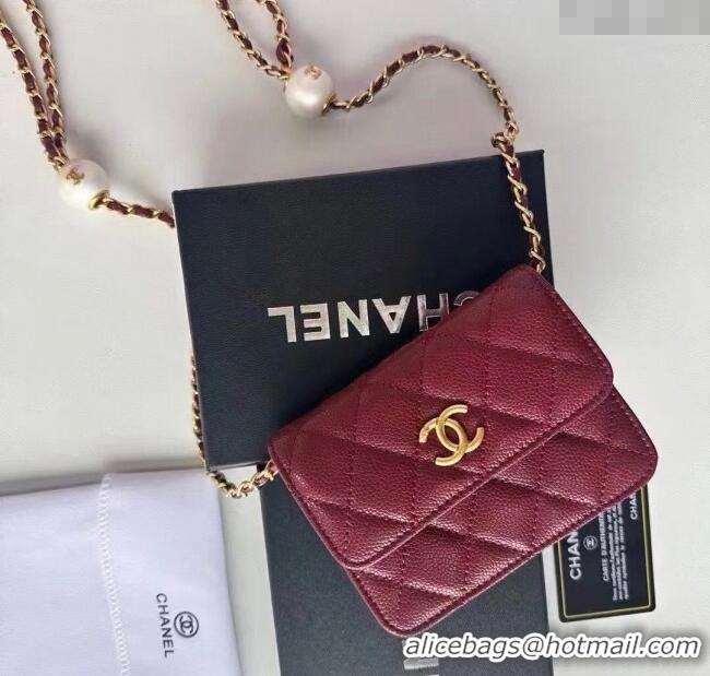 Top Quality Chanel Grained Calfskin Clutch with Chain and Pearls 0618 Dark Burgundy 2025