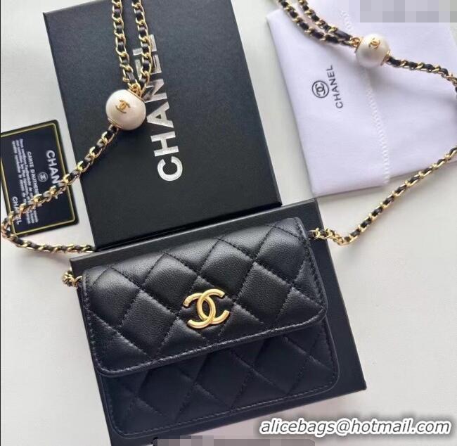Luxury Discount Chanel Lambskin Clutch with Chain and Pearls 0618 Black 2025
