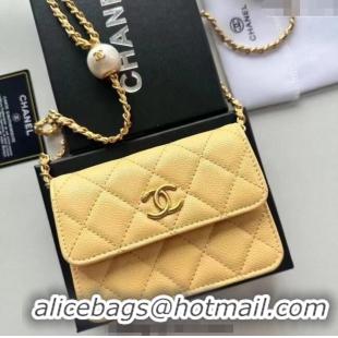 Promotional Chanel Grained Calfskin Clutch with Chain and Pearls 0618 Yellow 2025