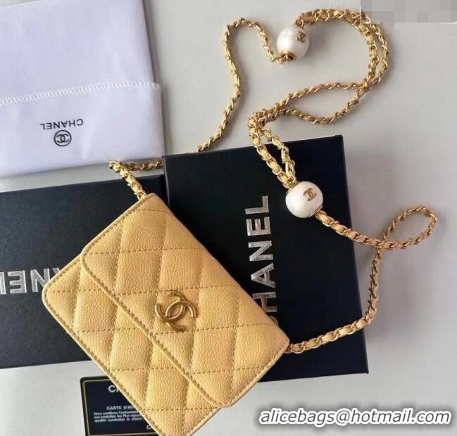 Promotional Chanel Grained Calfskin Clutch with Chain and Pearls 0618 Yellow 2025