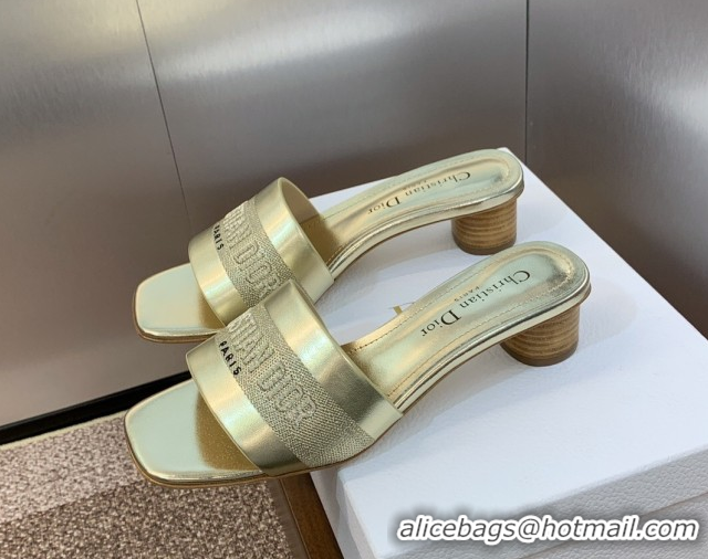 Shop Cheap Dior Dway Heel Slides Sandal 4.5cm in Calfskin and Embroidered Cotton Gold-Tone 0425104