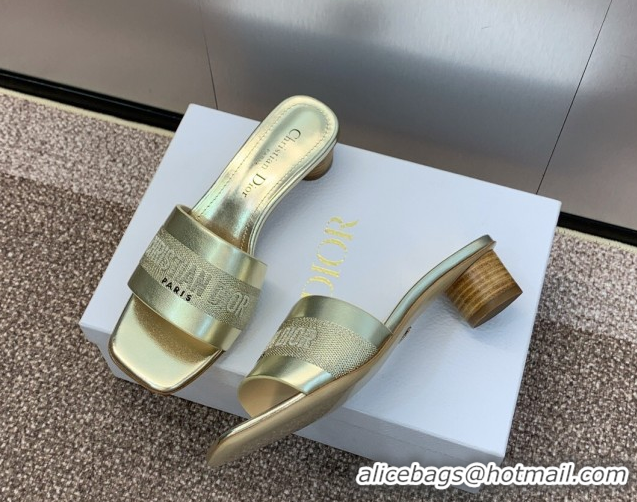 Shop Cheap Dior Dway Heel Slides Sandal 4.5cm in Calfskin and Embroidered Cotton Gold-Tone 0425104