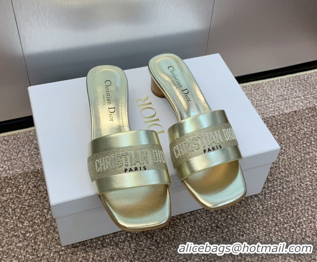 Shop Cheap Dior Dway Heel Slides Sandal 4.5cm in Calfskin and Embroidered Cotton Gold-Tone 0425104