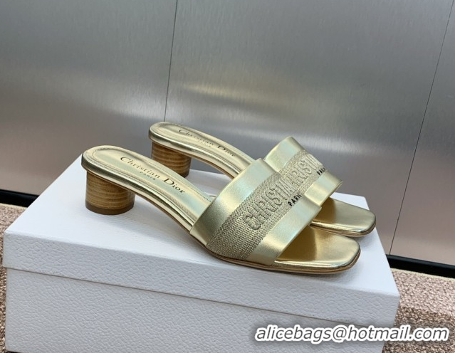 Shop Cheap Dior Dway Heel Slides Sandal 4.5cm in Calfskin and Embroidered Cotton Gold-Tone 0425104