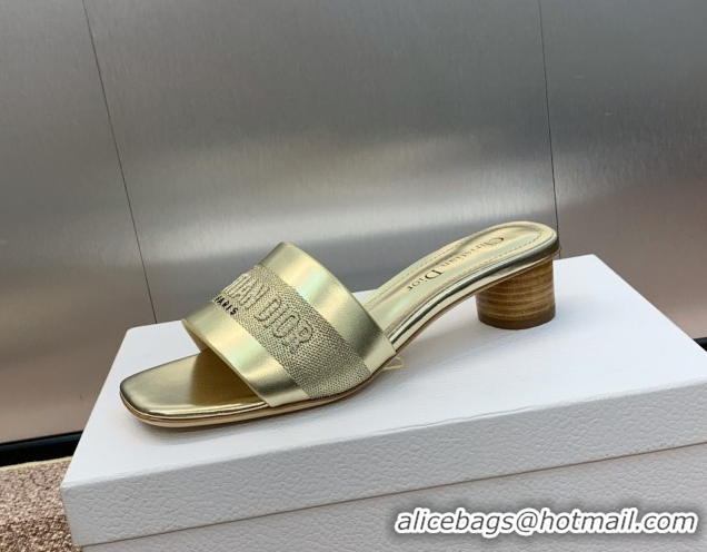 Shop Cheap Dior Dway Heel Slides Sandal 4.5cm in Calfskin and Embroidered Cotton Gold-Tone 0425104