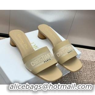 Good Quality Dior Dway Heel Slides Sandal 4.5cm in Calfskin and Embroidered Cotton Beige 0425105