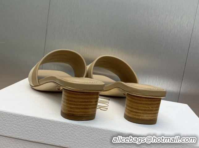 Good Quality Dior Dway Heel Slides Sandal 4.5cm in Calfskin and Embroidered Cotton Beige 0425105