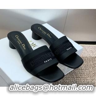 Grade Quality Dior Dway Heel Slides Sandal 4.5cm in Calfskin and Embroidered Cotton Black 0425107