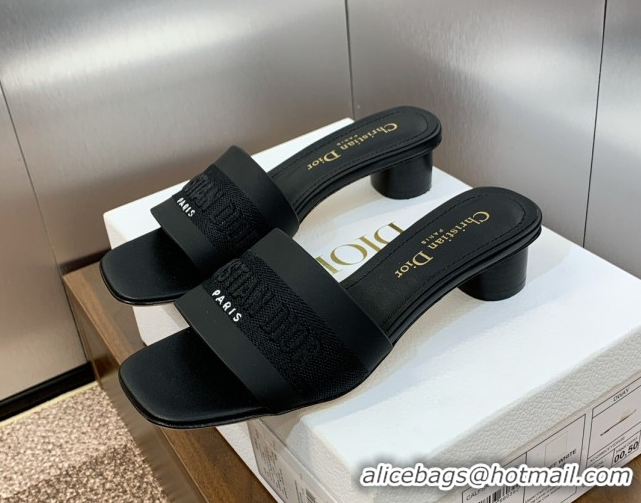 Grade Quality Dior Dway Heel Slides Sandal 4.5cm in Calfskin and Embroidered Cotton Black 0425107