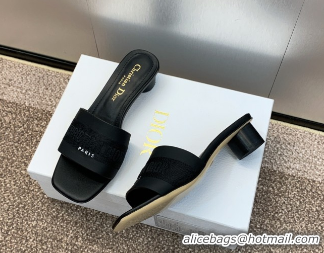 Grade Quality Dior Dway Heel Slides Sandal 4.5cm in Calfskin and Embroidered Cotton Black 0425107