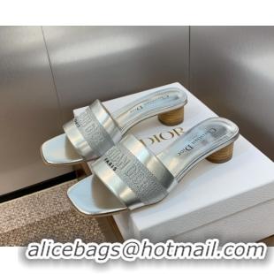 Buy Luxury Dior Dway Heel Slides Sandal 4.5cm in Calfskin and Embroidered Cotton Silver 0425109